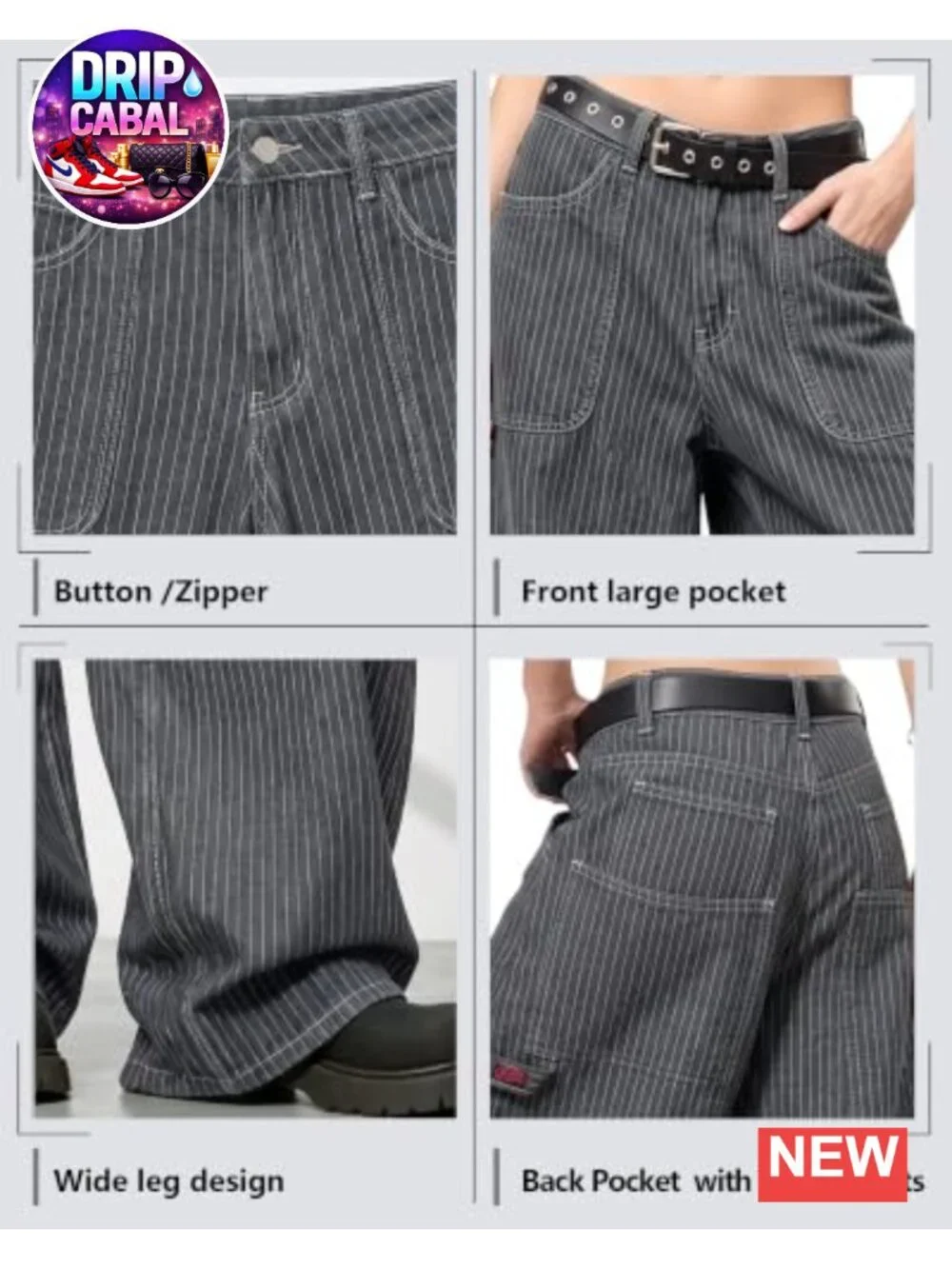 Baggy Barrel Jeans Striped High Waisted Wide Leg Denim Pants Women
